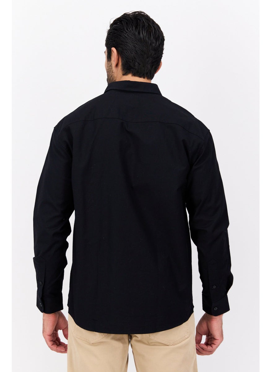 Men Regular Fit Embroidered Logo Long Sleeve Casual Shirts, Black