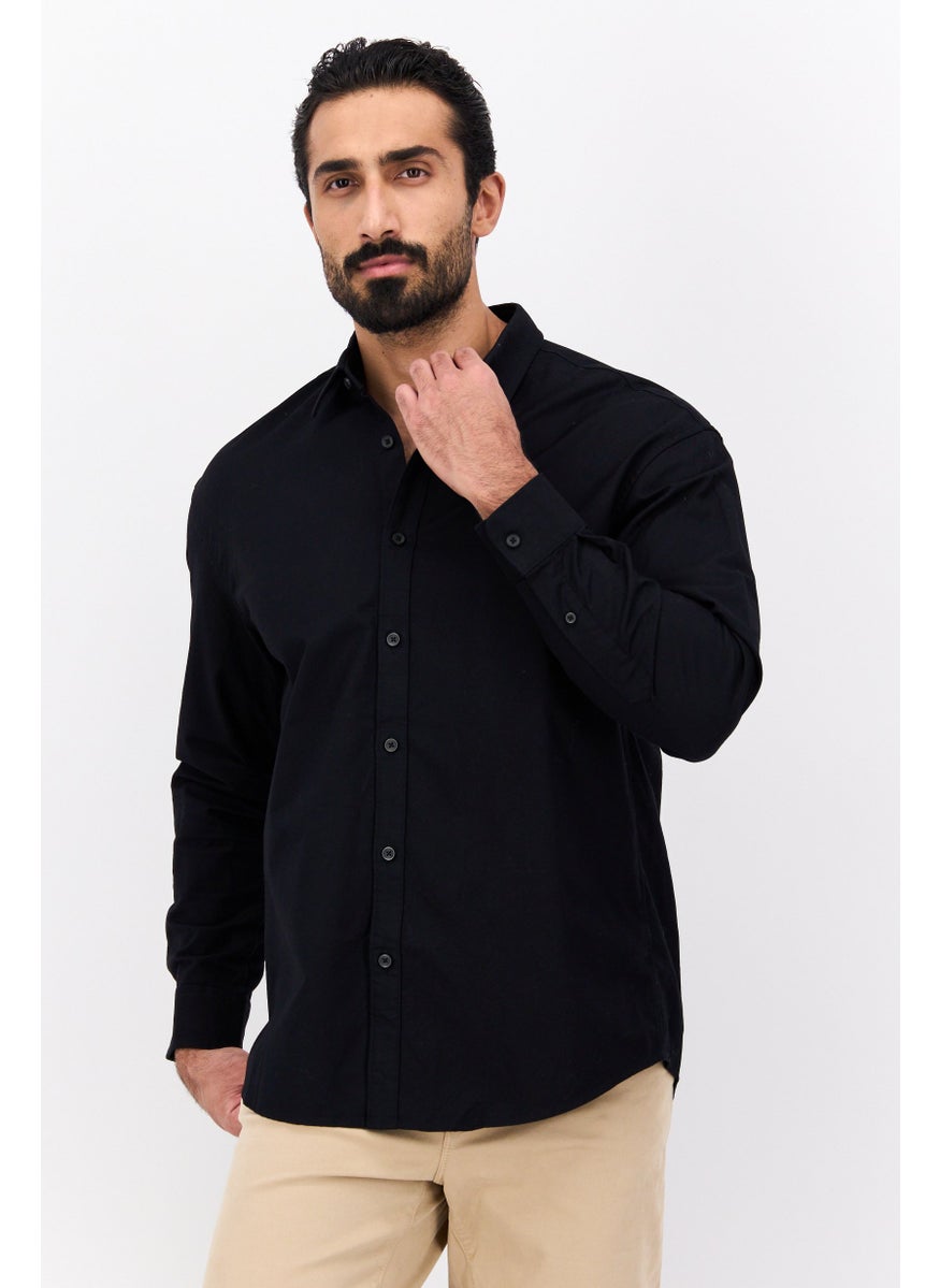 Men Regular Fit Embroidered Logo Long Sleeve Casual Shirts, Black