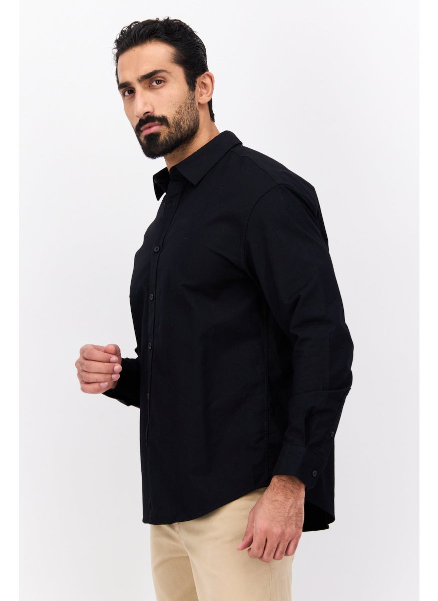 Men Regular Fit Embroidered Logo Long Sleeve Casual Shirts, Black