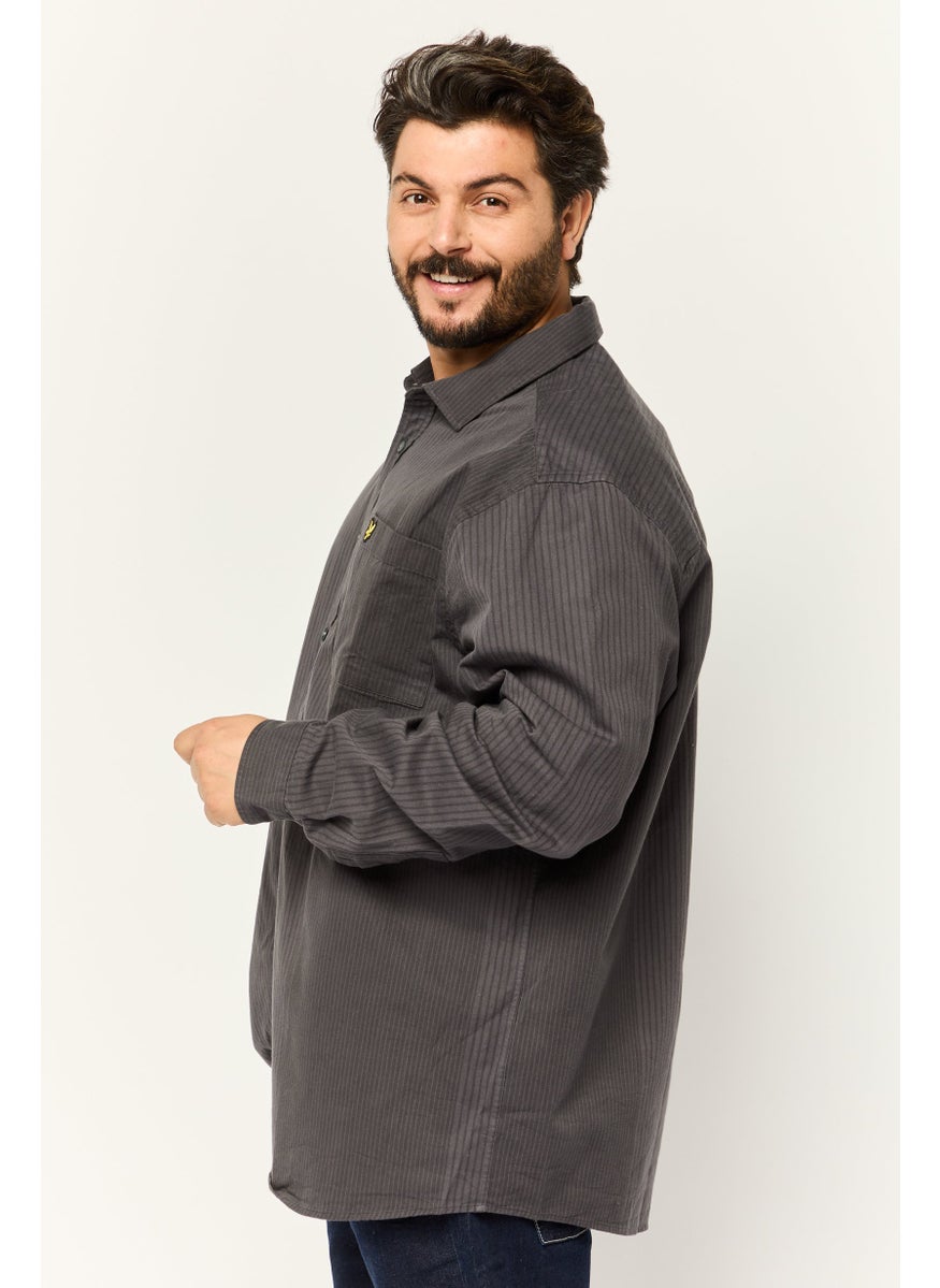 Men Regular Fit Micro Stripe Long Sleeve Casual Shirt, Dark Grey