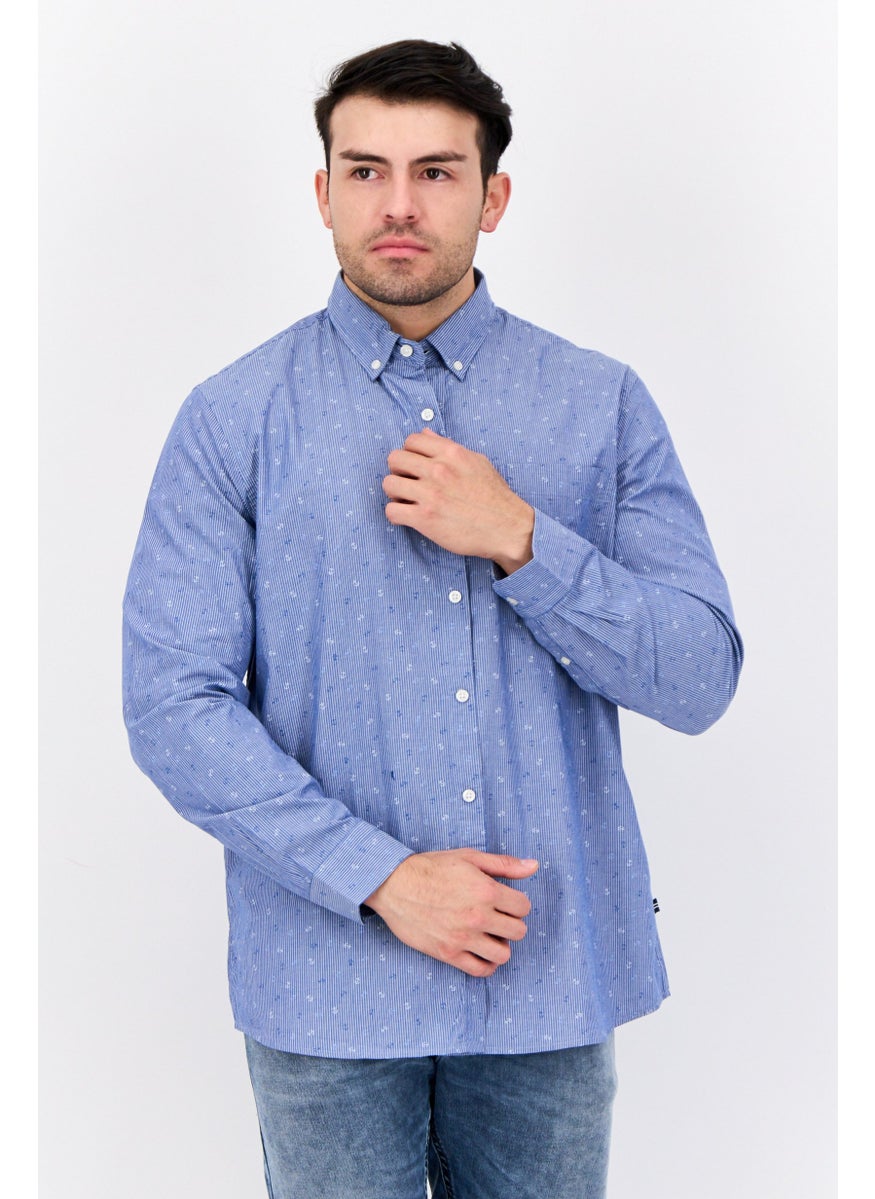 Men Slim Fit Allover Print Long Sleeves Casual Shirt, Blue
