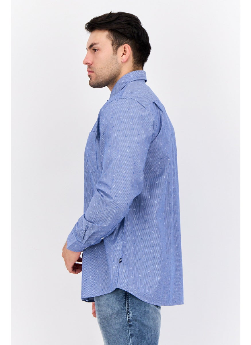 Men Slim Fit Allover Print Long Sleeves Casual Shirt, Blue