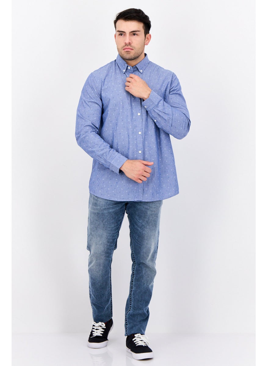 Men Slim Fit Allover Print Long Sleeves Casual Shirt, Blue