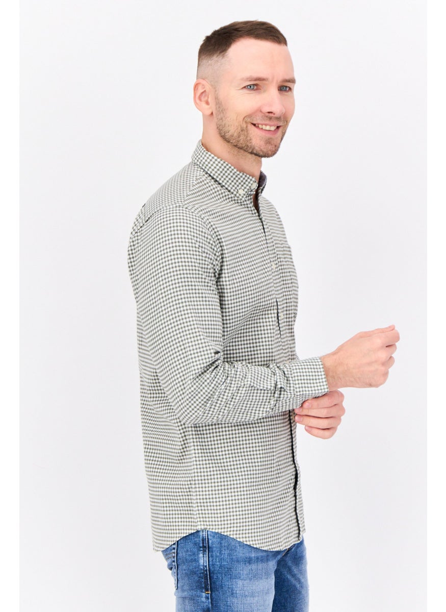 Men Classic Fit Micro Check Print Long Sleeve Casual Shirts, Green/White