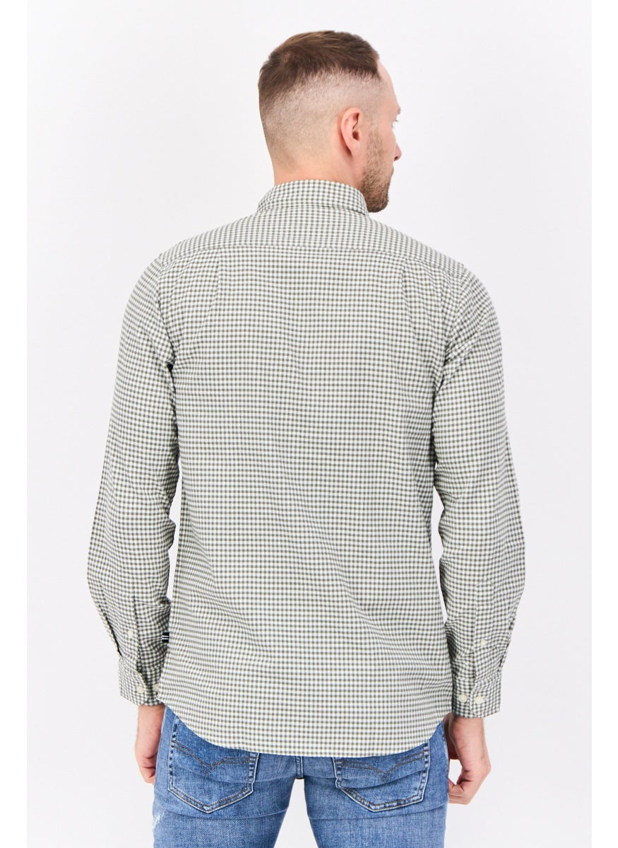 Men Classic Fit Micro Check Print Long Sleeve Casual Shirts, Green/White