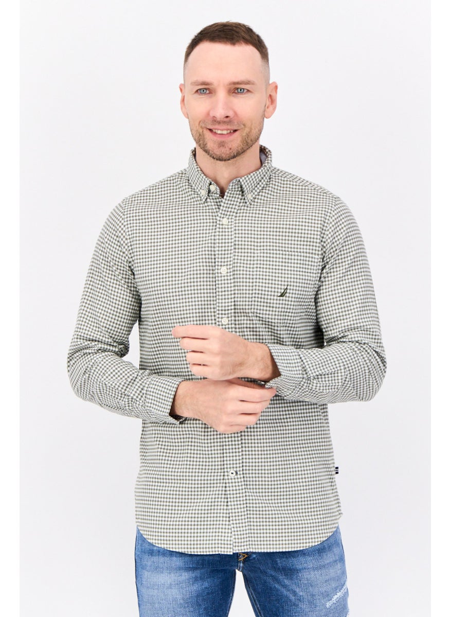Men Classic Fit Micro Check Print Long Sleeve Casual Shirts, Green/White
