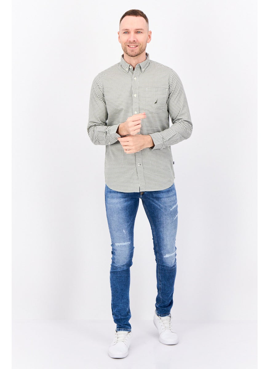 Men Classic Fit Micro Check Print Long Sleeve Casual Shirts, Green/White