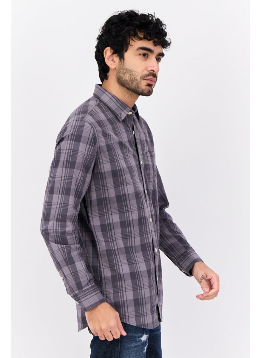 Men Classic Fit Plaid Print Long Sleeve Casual Shirt, Grey