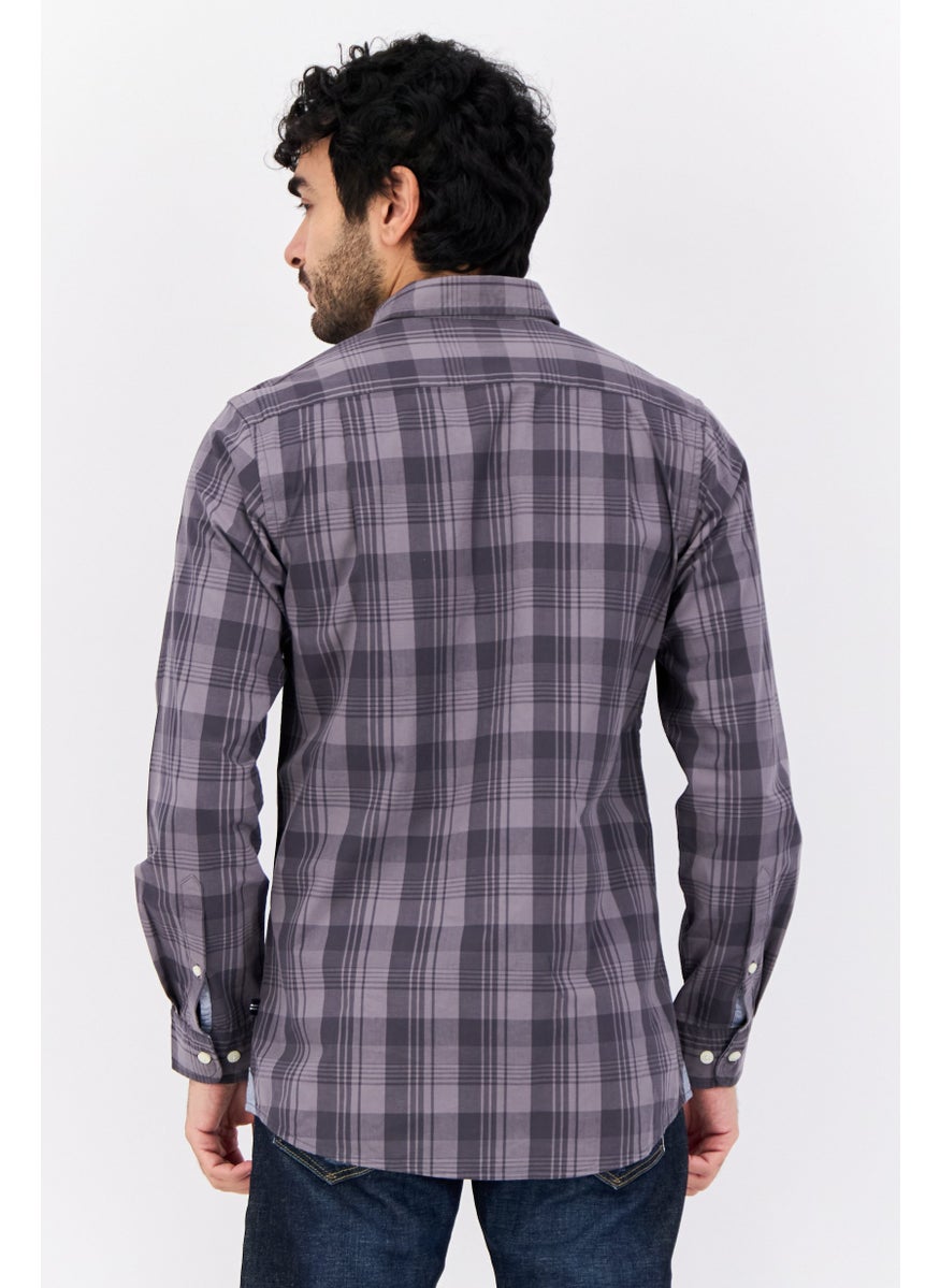 Men Classic Fit Plaid Print Long Sleeve Casual Shirt, Grey