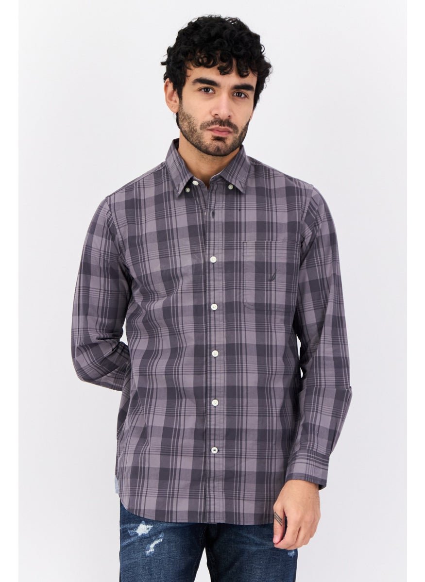 Men Classic Fit Plaid Print Long Sleeve Casual Shirt, Grey