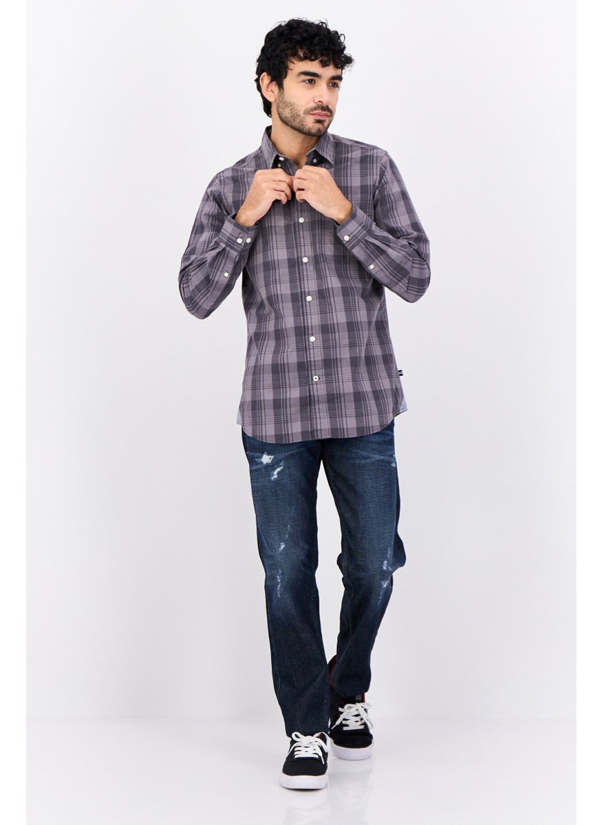 Men Classic Fit Plaid Print Long Sleeve Casual Shirt, Grey