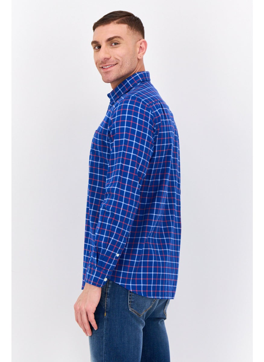 Men Classic Fit Checkered Long Sleeves Casual Shirt, Blue