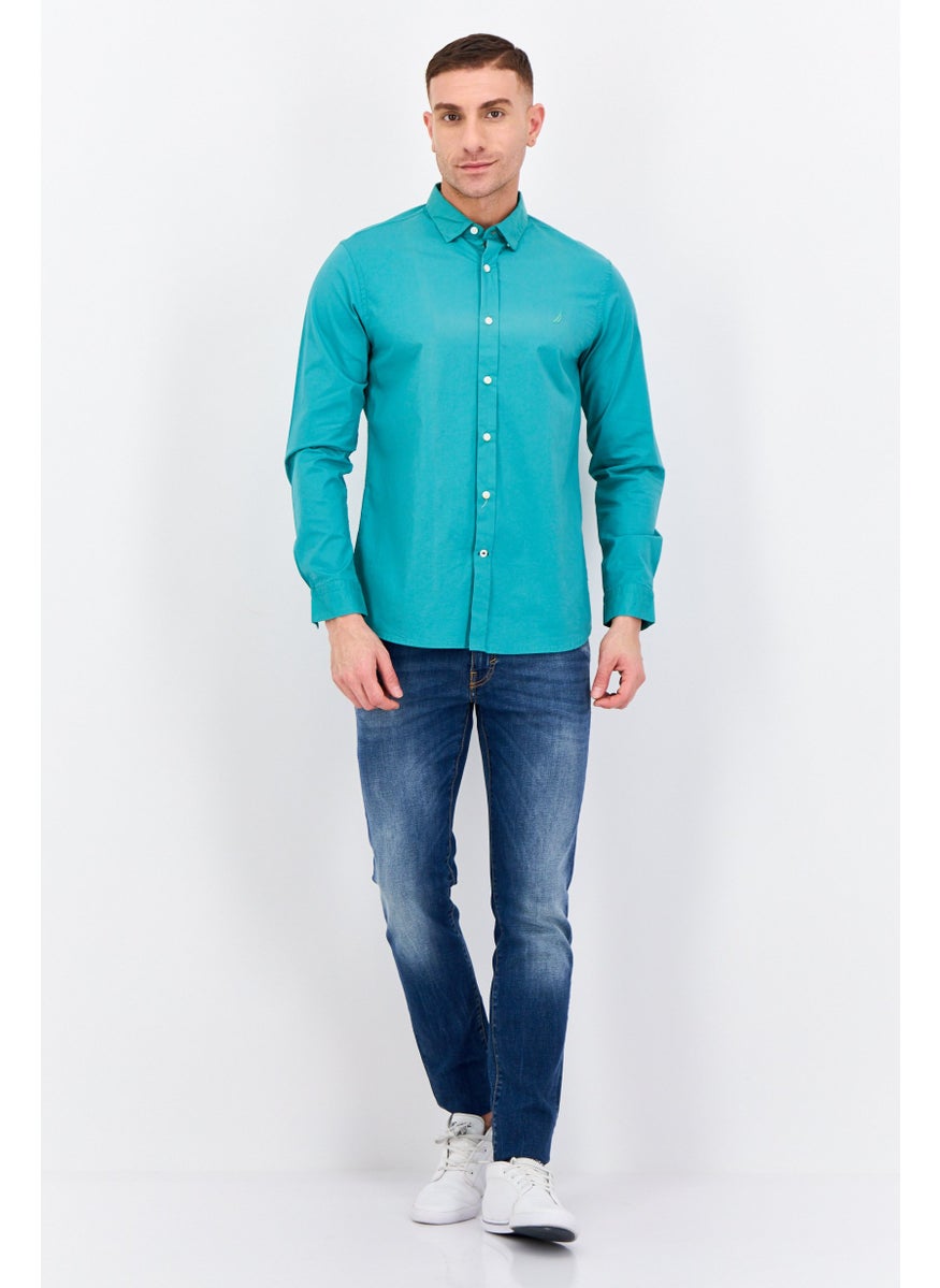 Men Stretch Fit Plain Print Long Sleeve Casual Shirts, Green