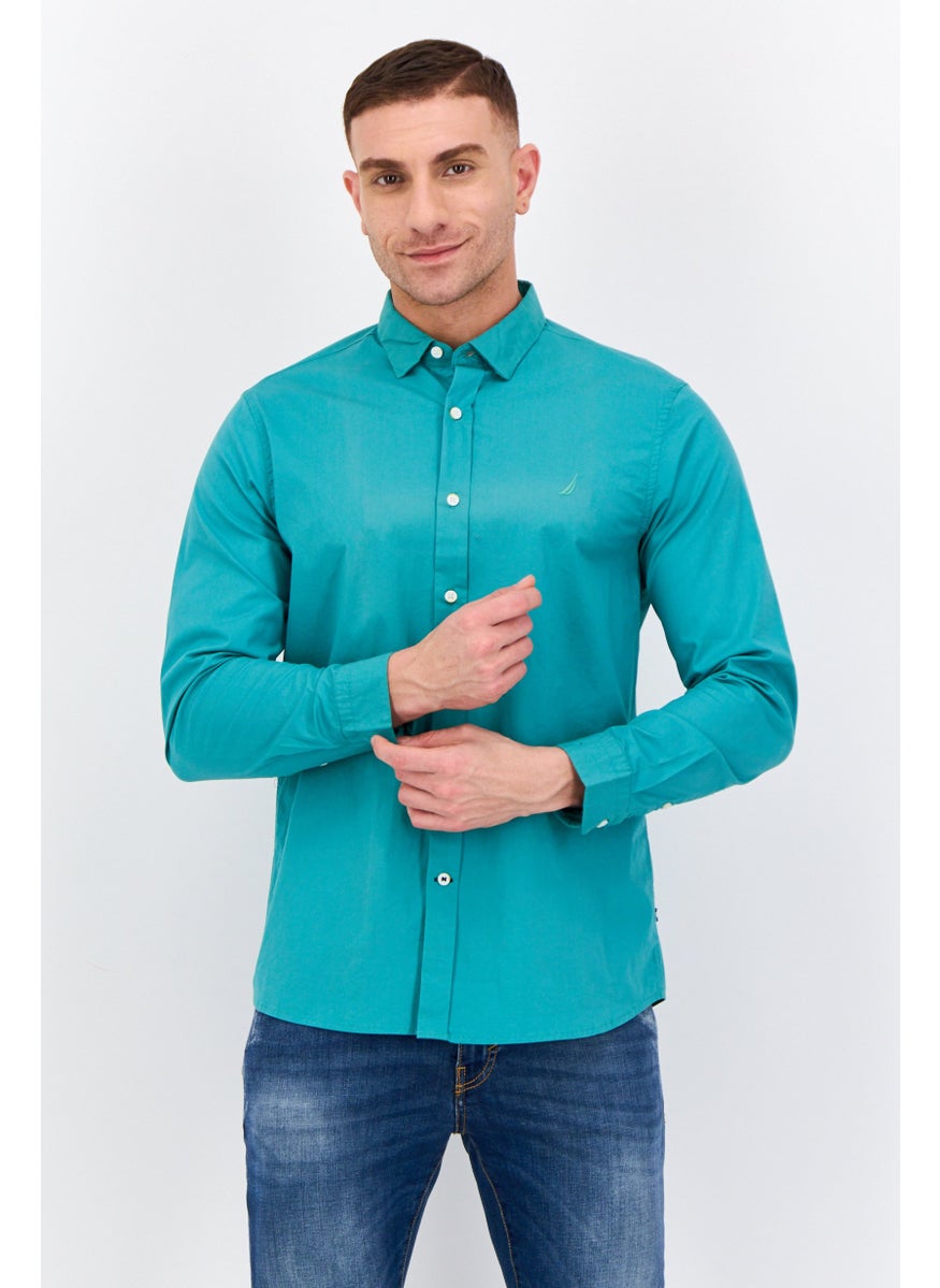 Men Stretch Fit Plain Print Long Sleeve Casual Shirts, Green