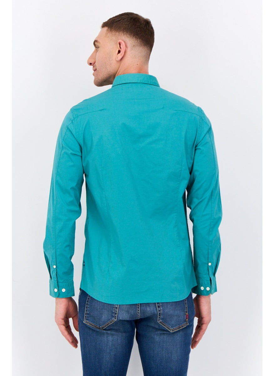 Men Stretch Fit Plain Print Long Sleeve Casual Shirts, Green