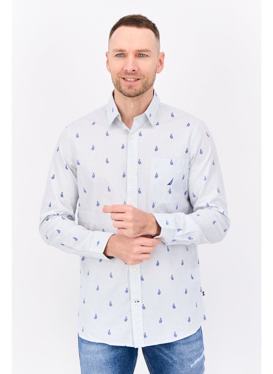 Men Slim Fit Micro Stripe Long Sleeves Casual Shirt, White/Blue