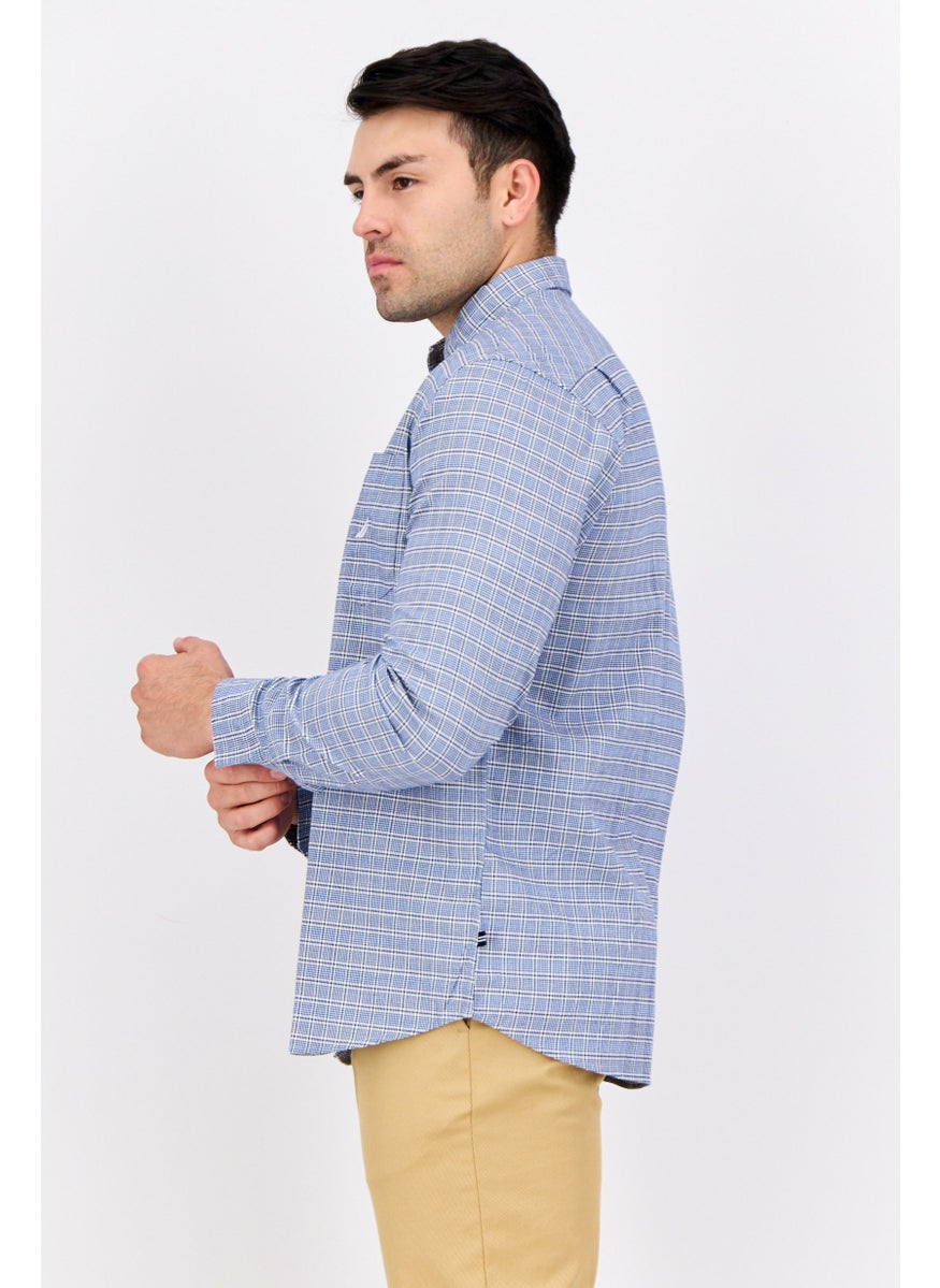 Men Classic Fit Checkered Long Sleeves Casual Shirts, White/Blue