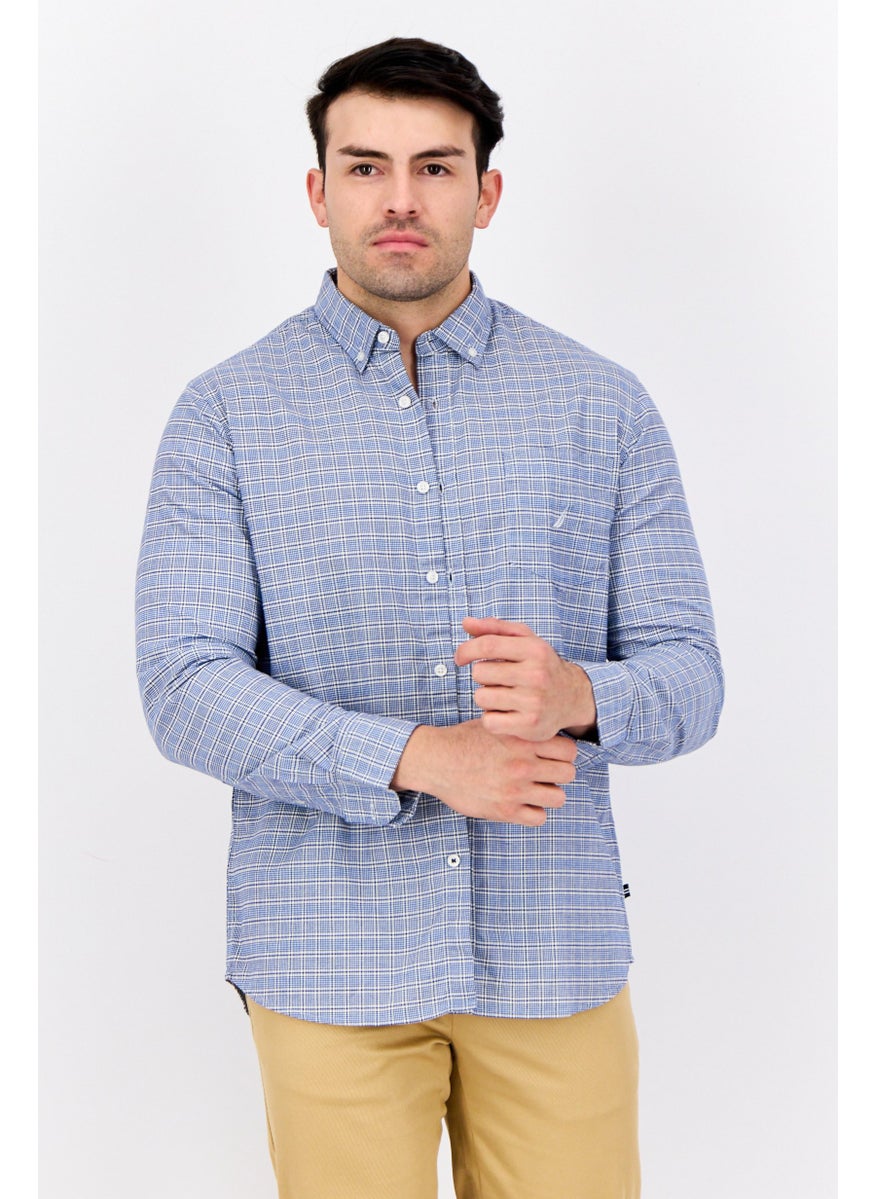 Men Classic Fit Checkered Long Sleeves Casual Shirts, White/Blue