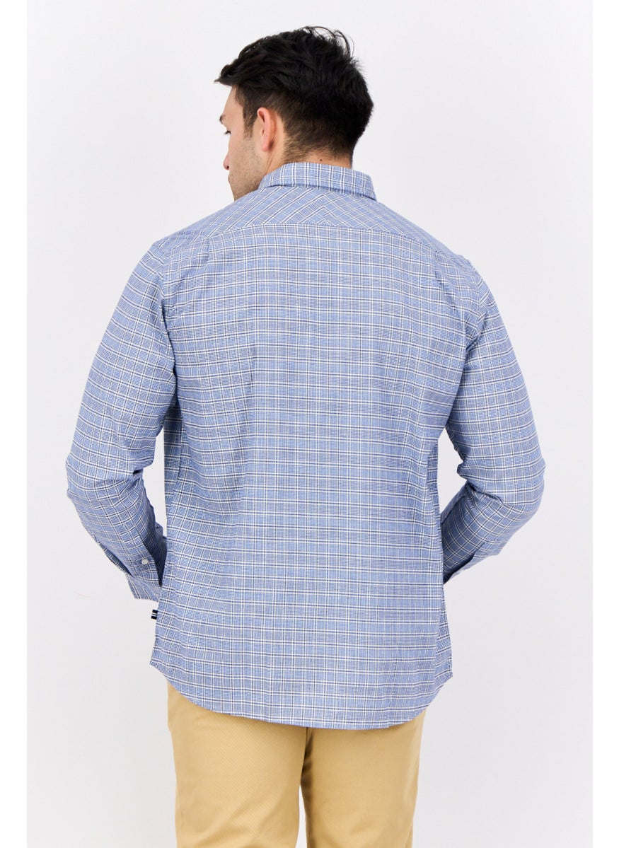 Men Classic Fit Checkered Long Sleeves Casual Shirts, White/Blue