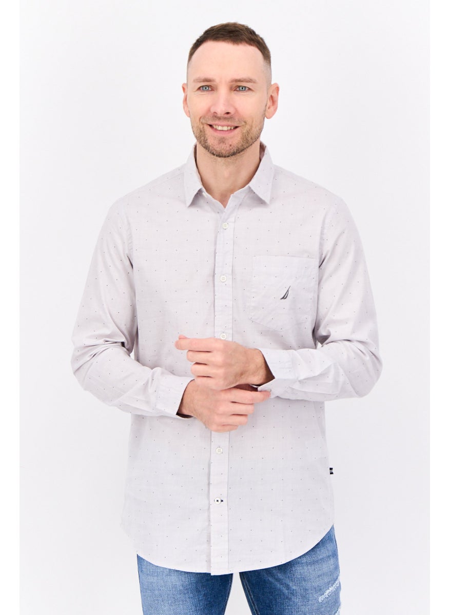 Men Classic Fit Plaid Long Sleeves Casual Shirt, Light Grey
