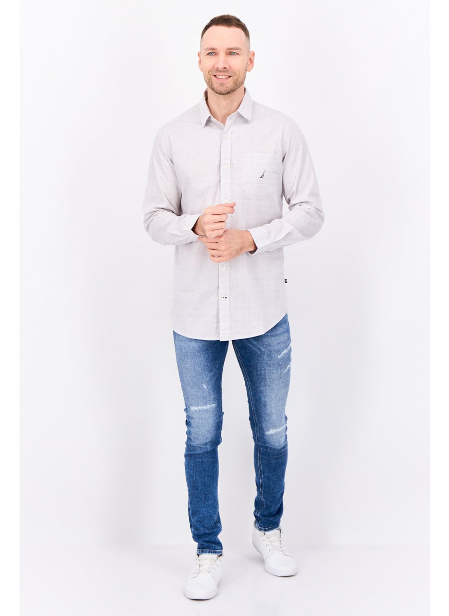 Men Classic Fit Plaid Long Sleeves Casual Shirt, Light Grey