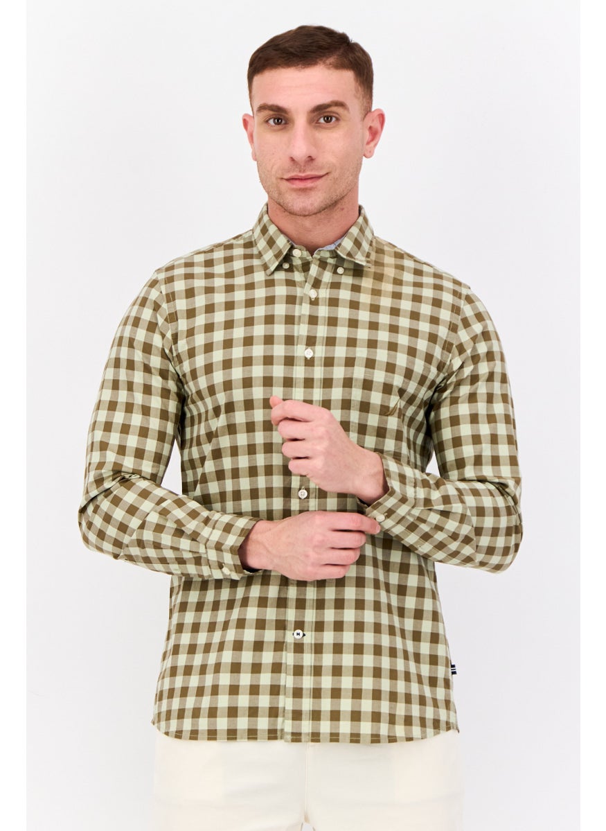 Men Slim Fit Grid Pattern Long Sleeves Casual Shirt, Olive