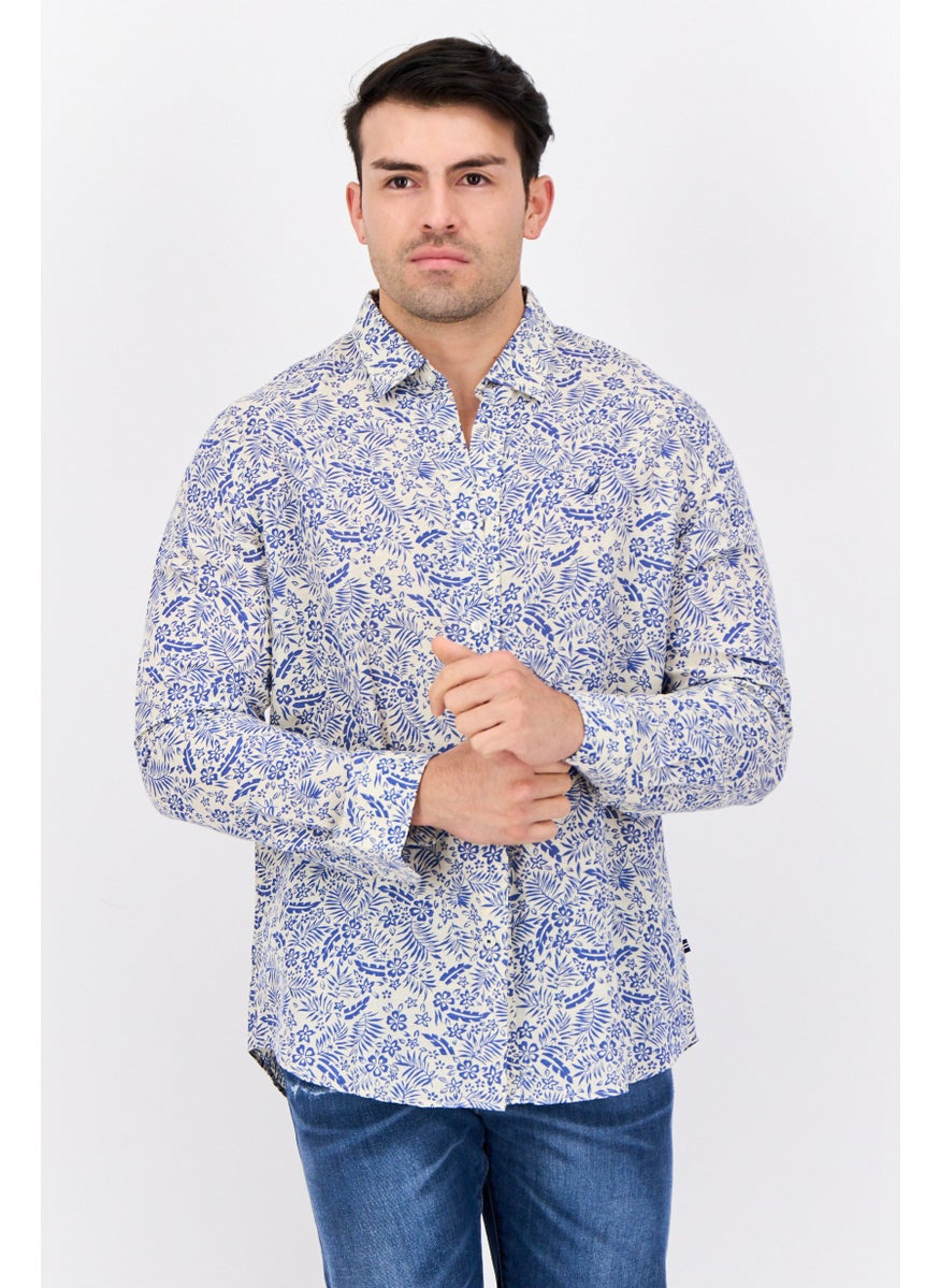 Men Classic Fit Floral Print Long Sleeves Casual Shirt, White/Blue