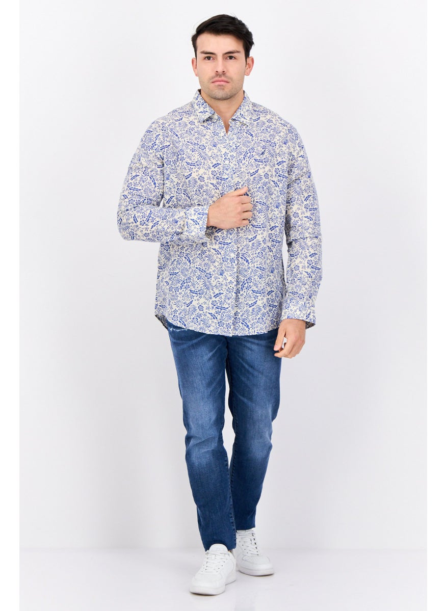 Men Classic Fit Floral Print Long Sleeves Casual Shirt, White/Blue
