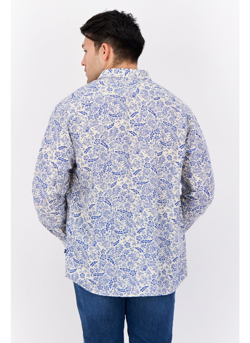Men Classic Fit Floral Print Long Sleeves Casual Shirt, White/Blue