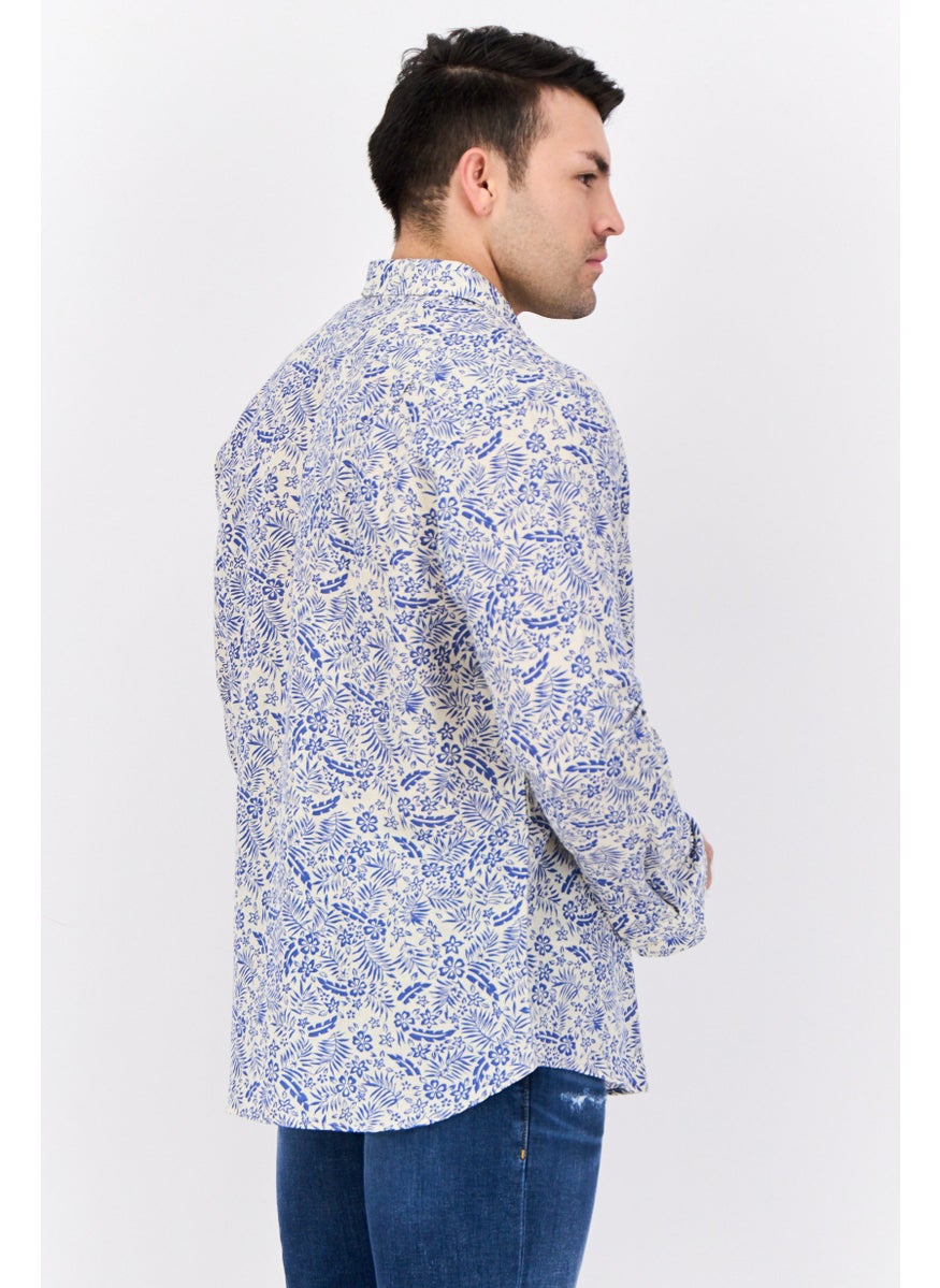 Men Classic Fit Floral Print Long Sleeves Casual Shirt, White/Blue