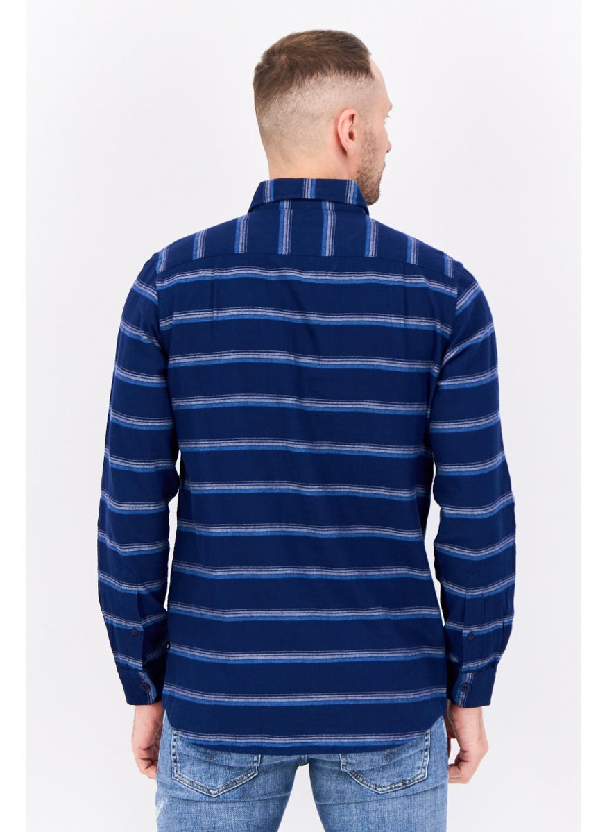 Men Classic Fit Stripe Long Sleeves Casual Shirt, Navy Blue