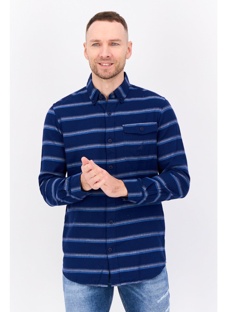 Men Classic Fit Stripe Long Sleeves Casual Shirt, Navy Blue