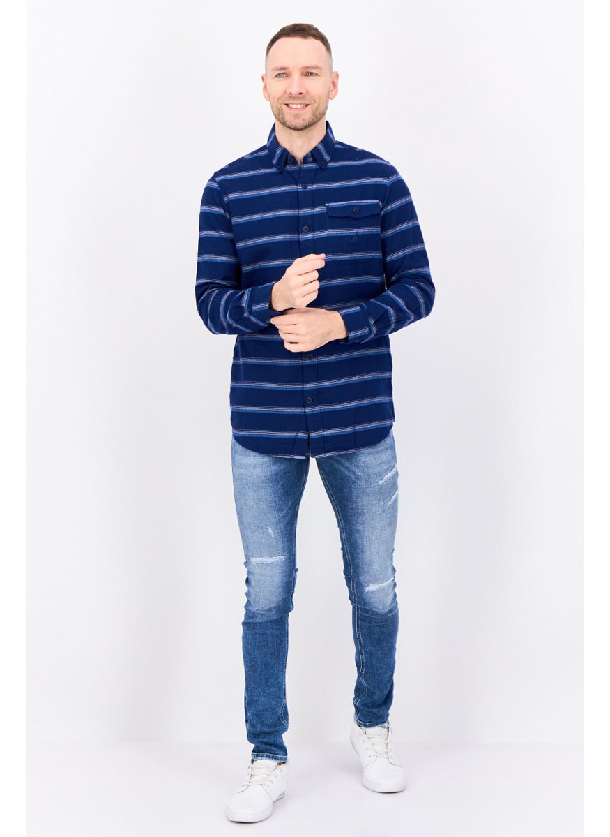 Men Classic Fit Stripe Long Sleeves Casual Shirt, Navy Blue