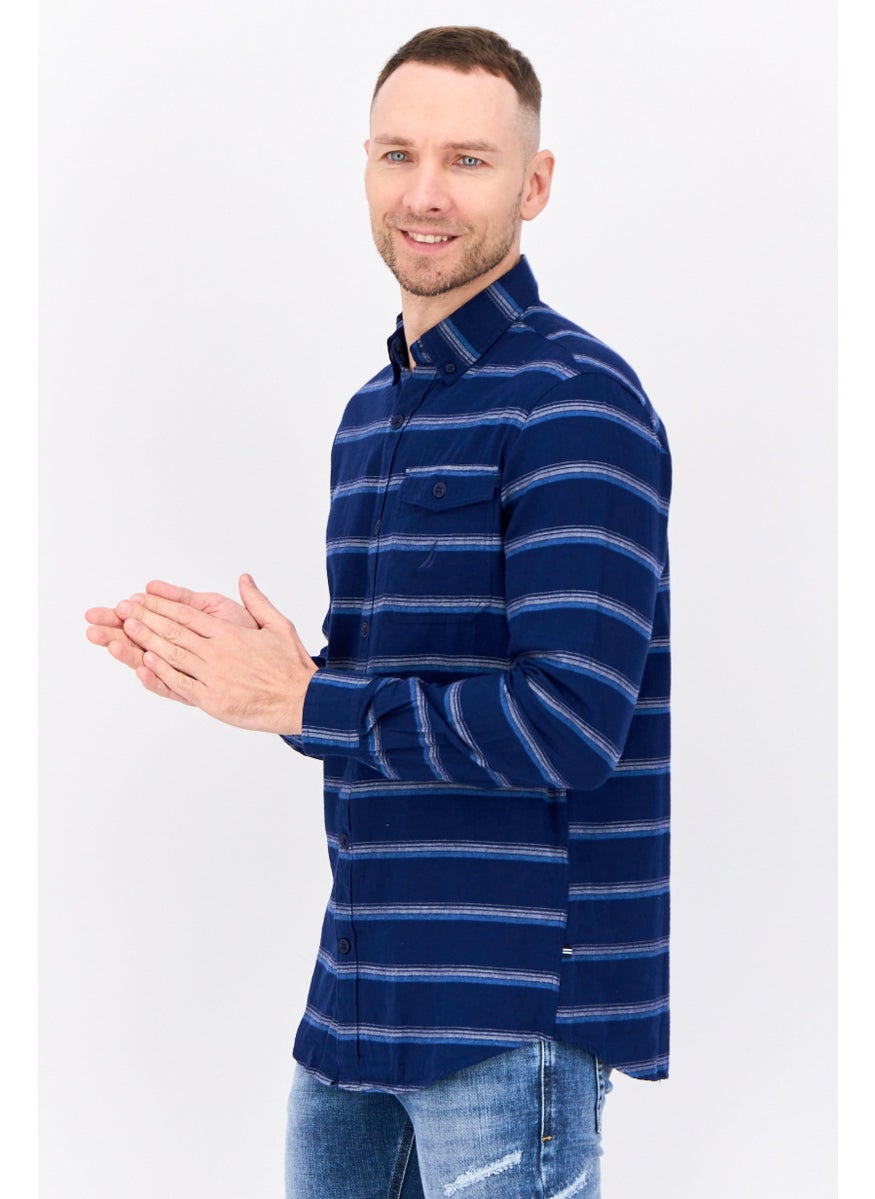 Men Classic Fit Stripe Long Sleeves Casual Shirt, Navy Blue