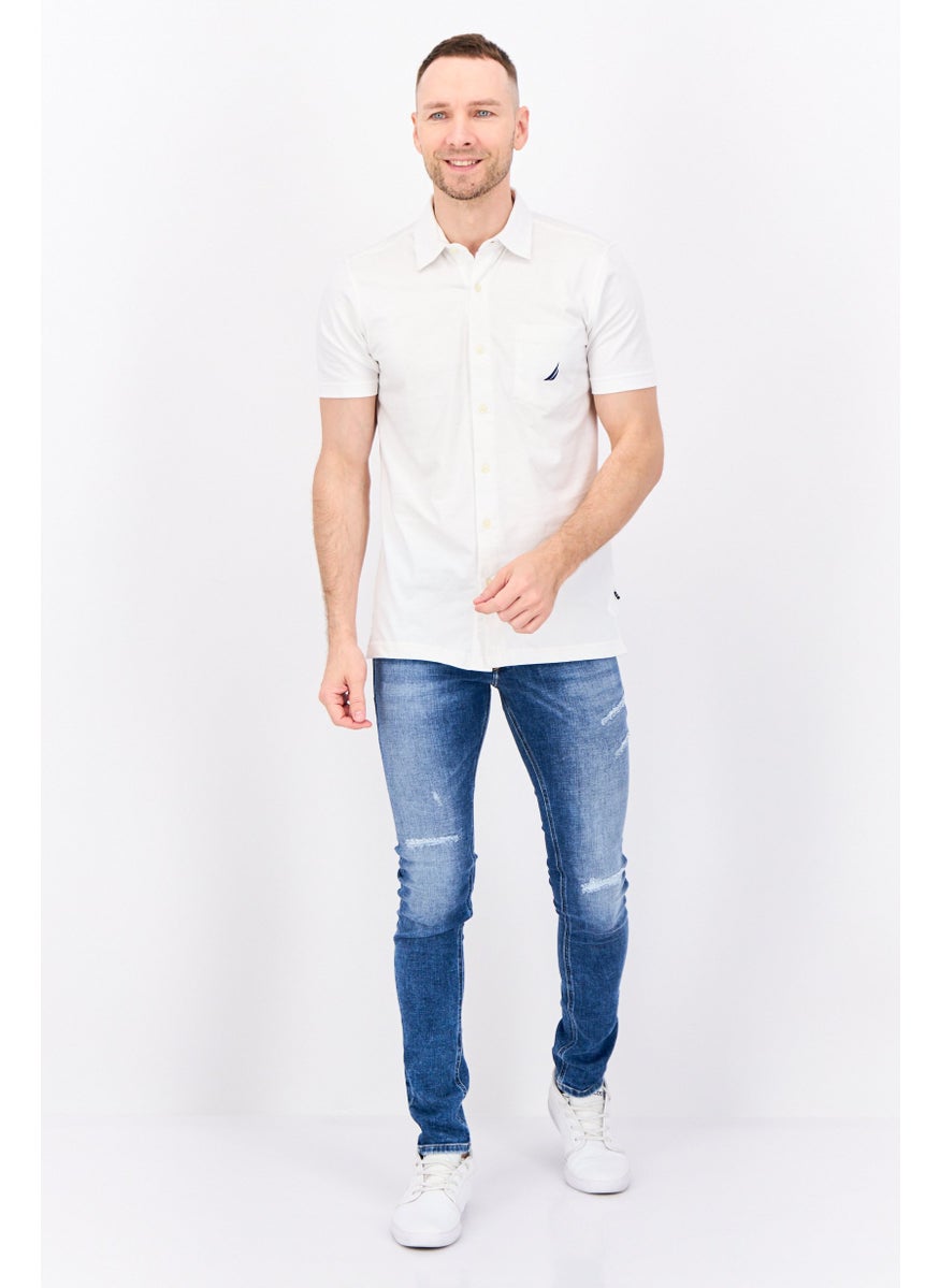 Men Regular Fit Embroidered Logo Short Sleeves Casual Shirt, White