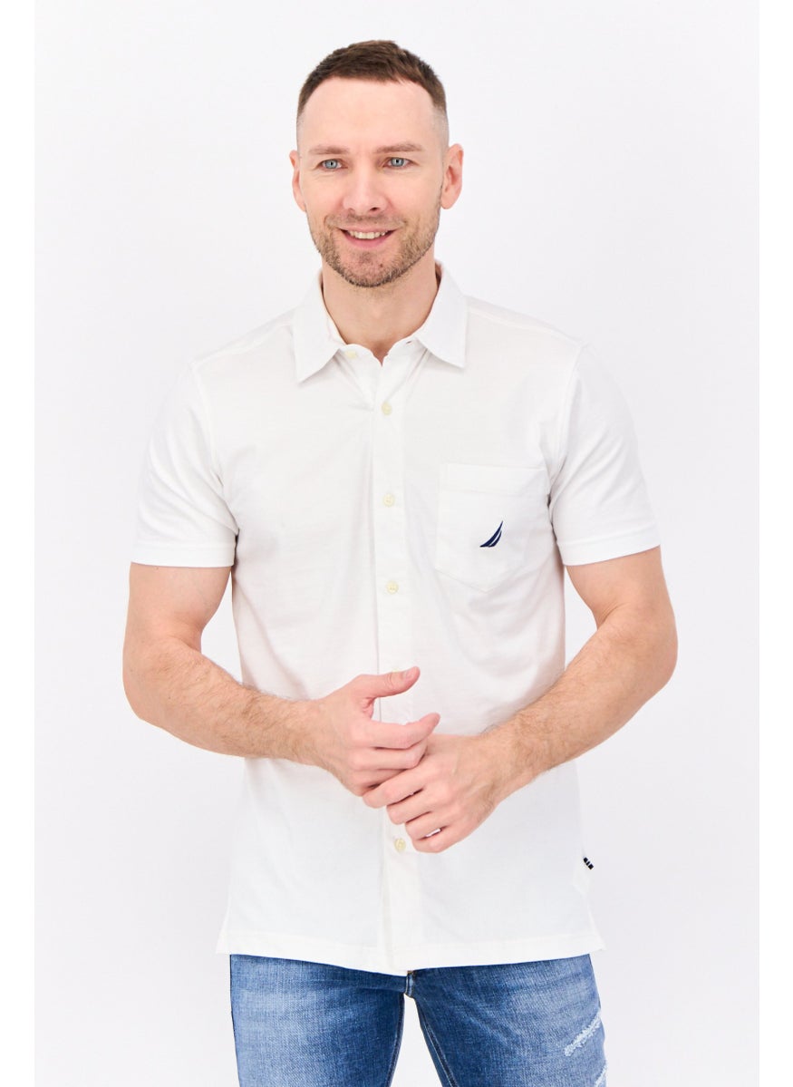 Men Regular Fit Embroidered Logo Short Sleeves Casual Shirt, White