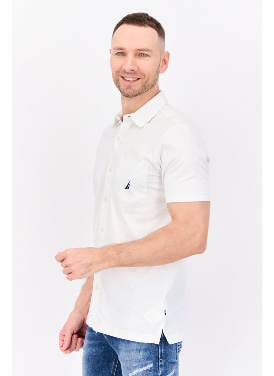 Men Regular Fit Embroidered Logo Short Sleeves Casual Shirt, White