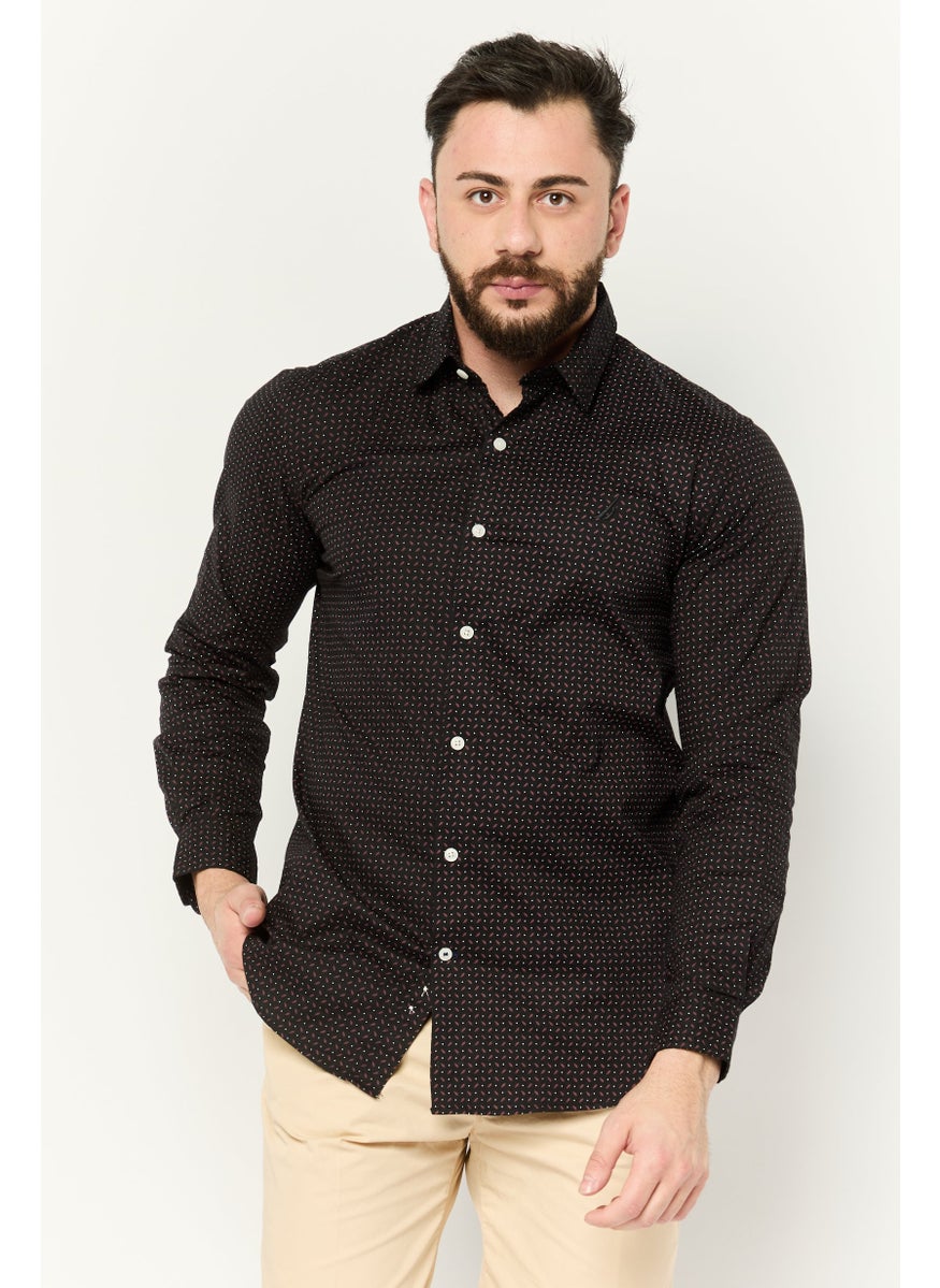 Men Slim Fit Allover Printed Long Sleeve Casual Shirt, Black