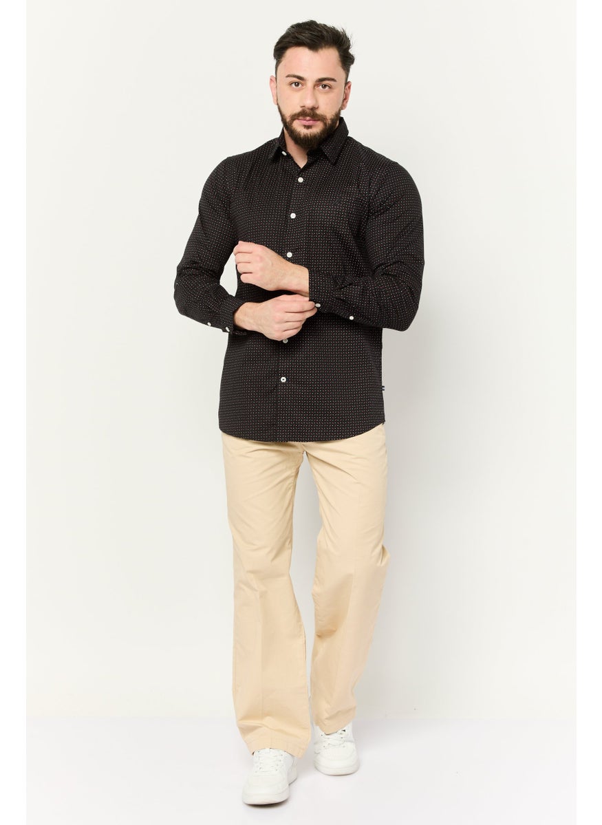 Men Slim Fit Allover Printed Long Sleeve Casual Shirt, Black