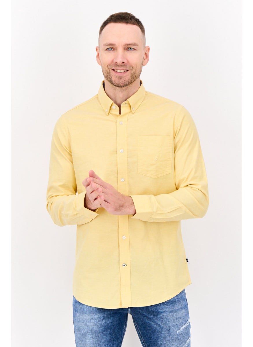 Men Classic Fit Plain Long Sleeve Casual Shirt, Yellow
