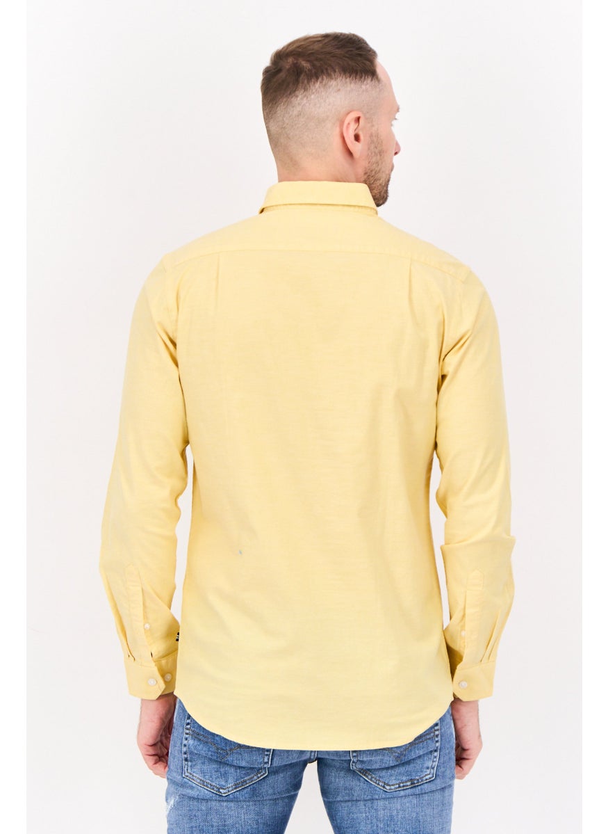 Men Classic Fit Plain Long Sleeve Casual Shirt, Yellow
