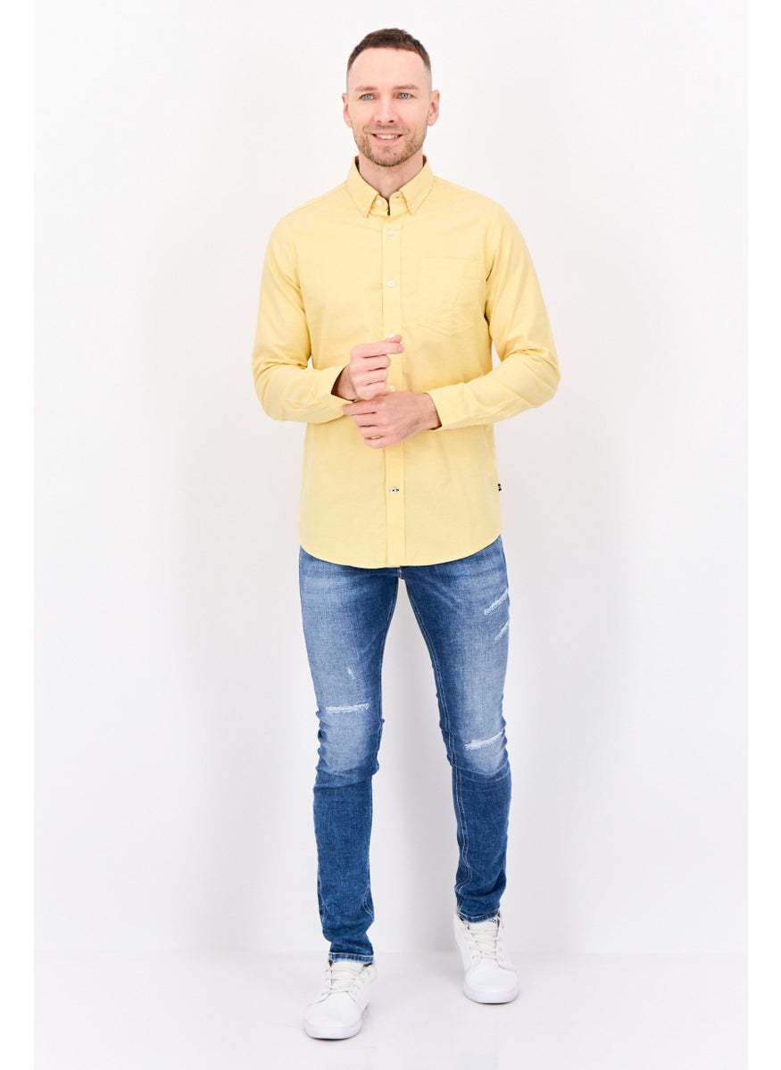 Men Classic Fit Plain Long Sleeve Casual Shirt, Yellow