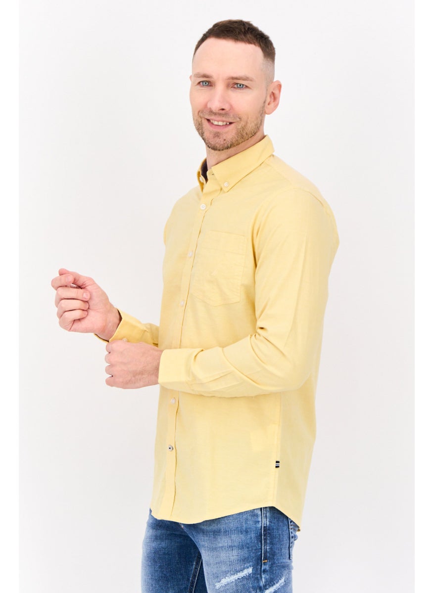 Men Classic Fit Plain Long Sleeve Casual Shirt, Yellow