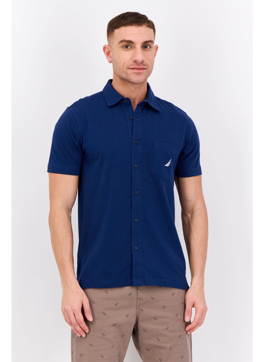 Men Regular Fit Embroidered Logo Short Sleeves Casual Shirt, Navy