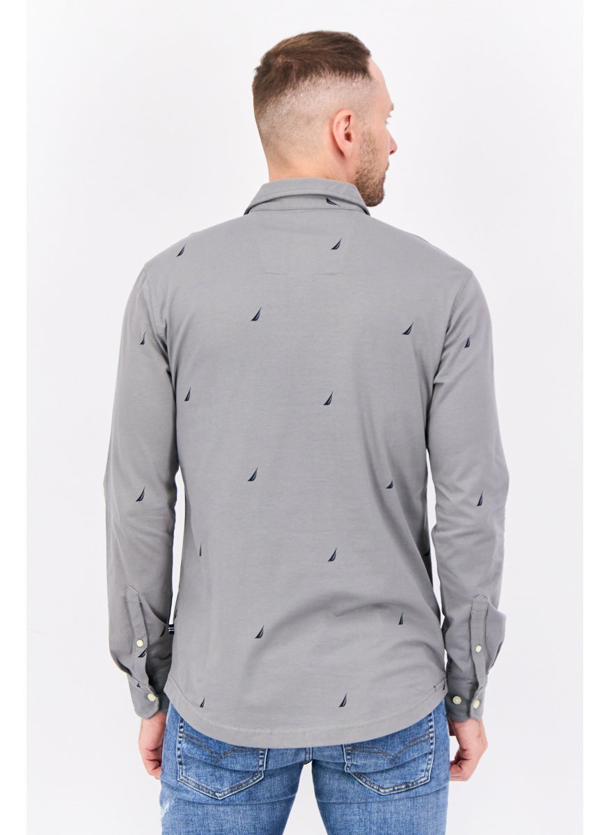 Men Classic Fit Embroidered Logo Long Sleeve Casual Shirt, Grey
