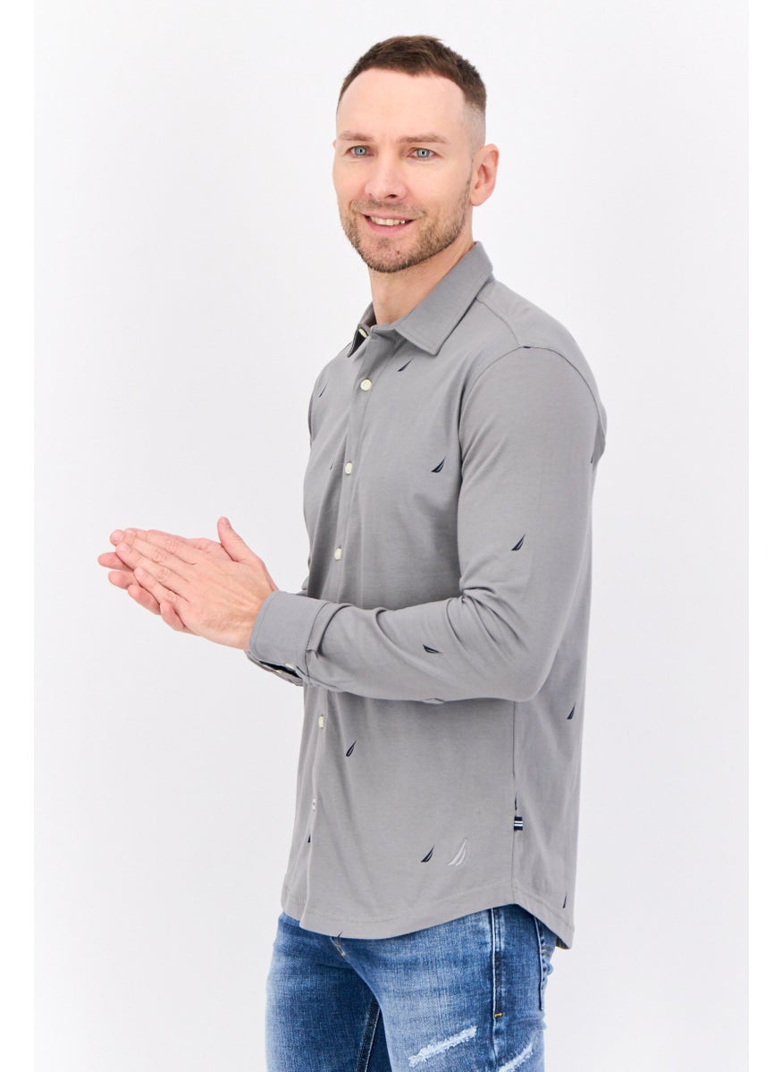 Men Classic Fit Embroidered Logo Long Sleeve Casual Shirt, Grey