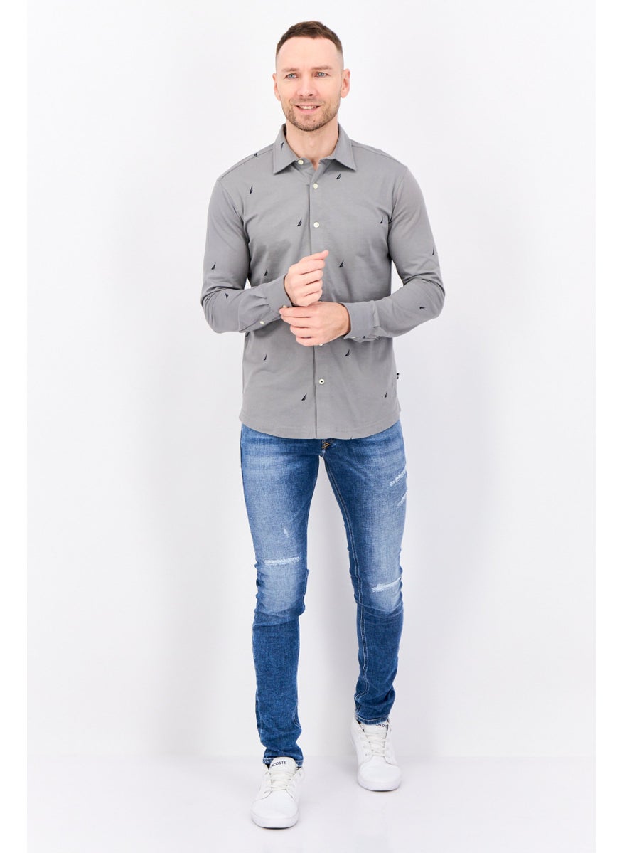 Men Classic Fit Embroidered Logo Long Sleeve Casual Shirt, Grey