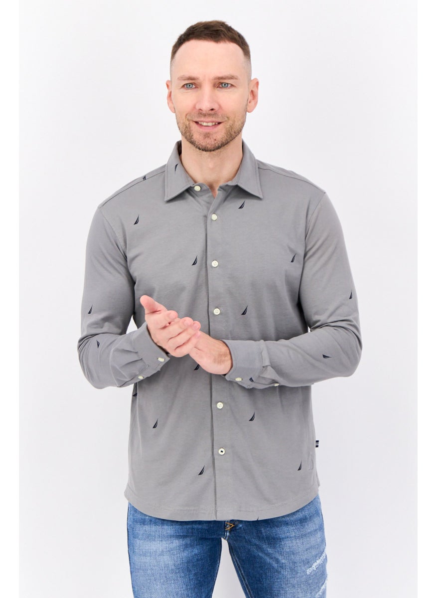 Men Classic Fit Embroidered Logo Long Sleeve Casual Shirt, Grey