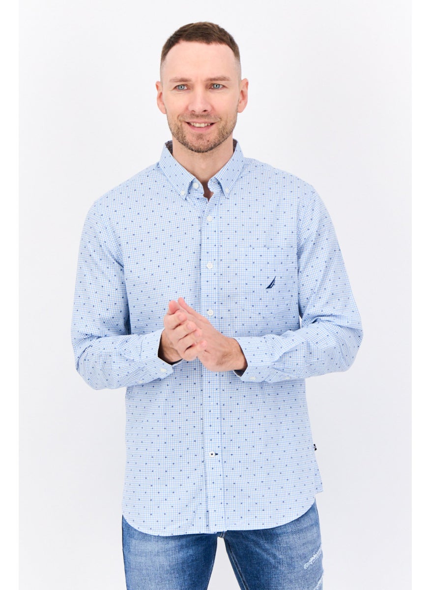 Men Slim Fit Long Sleeves Micro Check Casual Shirt, White/Blue