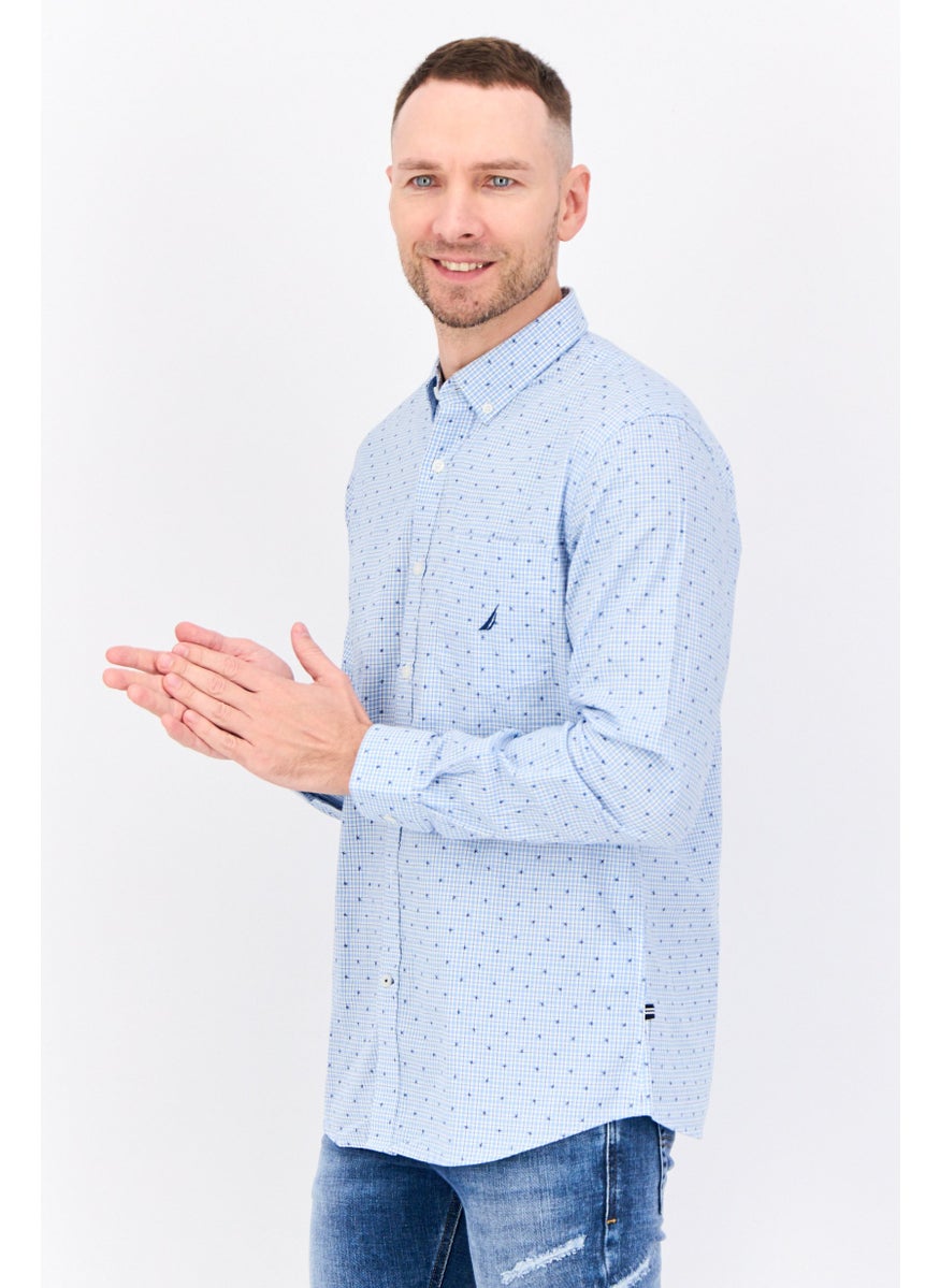 Men Slim Fit Long Sleeves Micro Check Casual Shirt, White/Blue